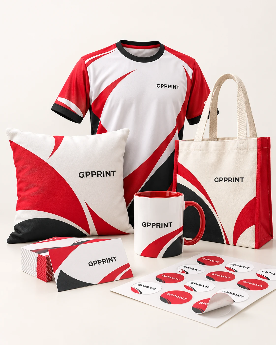 Gabungan produk custom GPPRINT: jersey, bantal, tote bag, mug, business card dan sticker dalam tema merah, putih dan hitam